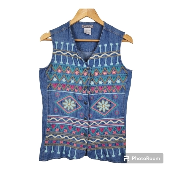 Sigrid Olsen Denim Embroidered Boho Vest Size 4 - Picture 1 of 10